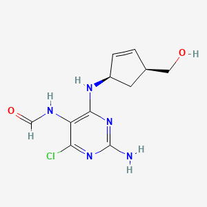 Chemical structure of N-(2-Amino-4-chloro-6-(((1R,4S)-4-(hydroxymethyl)cyclopent-2-en-1-yl)amino)pyrimidin-5-yl)formamide