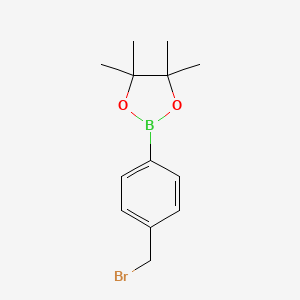 Chemical structure of 2-(4-(Bromomethyl)phenyl)-4,4,5,5-tetramethyl-1,3,2-dioxaborolane