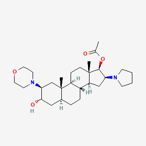 Chemical structure of 2beta-(4-Morpholinyl)-16beta-(1-pyrrolidinyl)-5alpha-androstane-3alpha,17beta-diol 17-acetate