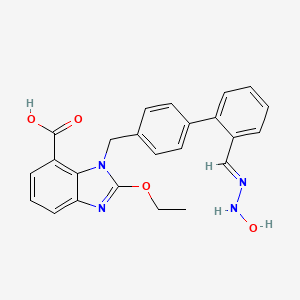Chemical structure of 2-Ethoxy-1-((2'-((2-hydroxyhydrazono)methyl)-[1,1'-biphenyl]-4-yl)methyl)-1H-benzo[d]imidazole-7-carboxylic acid