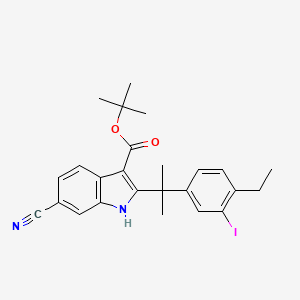 Chemical structure of tert-butyl 6-cyano-2-(2-(4-ethyl-3-iodophenyl)propan-2-yl)-1H-indole-3-carboxylate