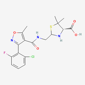 Chemical structure of (4S)-2-((3-(2-Chloro-6-fluorophenyl)-5-methylisoxazole-4-carboxamido)methyl)-5,5-dimethylthiazolidine-4-carboxylic acid