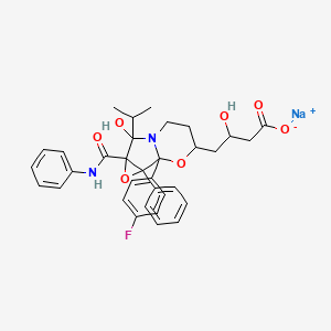 Chemical structure of Sodium;4-(1-(4-fluorophenyl)-5-hydroxy-2-phenyl-4-(phenylcarbamoyl)-5-propan-2-yl-3,10-dioxa-6-azatricyclo(4.4.0.02,4)decan-9-yl)-3-hydroxybutanoate