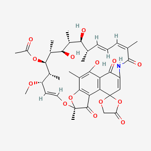 Chemical structure of Rifamycin, 4-O-(carboxymethyl)-1-deoxy-1,4-dihydro-4-hydroxy-1-oxo-, gamma-lactone