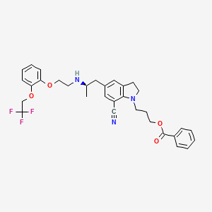 Chemical structure of 1-(3-(benzoyloxy)propyl)-2,3-dihydro-5-((2R)-2-((2-(2-(2,2,2-trifluorethoxy)phenoxy)ethyl)amino)propyl)-1H-indole-7-carbonitrile oxalate