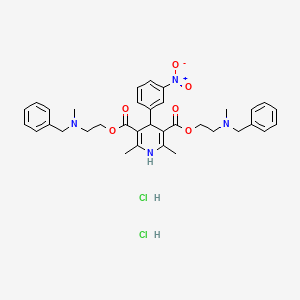 Chemical structure of Bis{2-[benzyl(methyl)amino]ethyl} 2,6-dimethyl-4-(3-nitrophenyl)-1,4-dihydropyridine-3,5-dicarboxylate dihydrochloride
