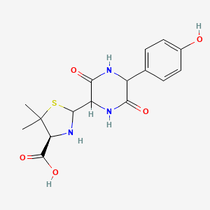 Chemical structure of (4S)-2-(5-(4-hydroxyphenyl)-3,6-dioxopiperazin-2-yl)-5,5-dimethylthiazolidine-4-carboxylic acid