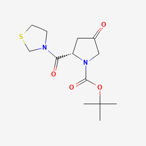 Chemical structure of tert-butyl (2S)-4-oxo-2-(1,3-thiazolidin-3-yl carbonyl)pyrrolidine-1-carboxylate