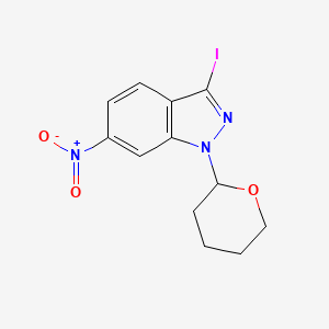 Chemical structure of 3-Iodo-6-nitro-1-(tetrahydro-2H-pyran-2-yl)-1H-indazole